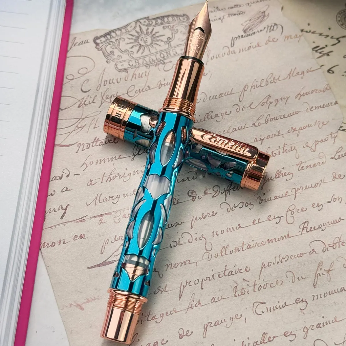 Levenger Fountain Pens|Conklin*Conklin Endura Deco Crest Demo Blue Fountain Pen